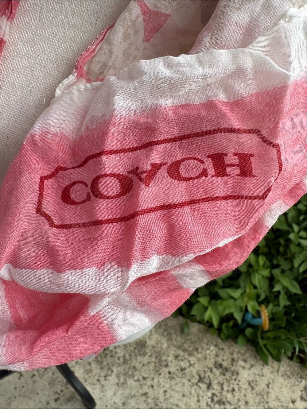 70% Cotton, 30% silk Coach Pink & White Striped Lightweight Logo Scarf - Picture 4 of 6